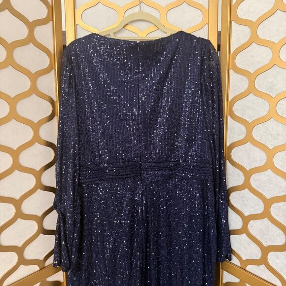 Ieena For Mac Duggal Size 16 Navy Sequin Long Sleeve Cocktail Faux Wrap Dress - Picture 8 of 16